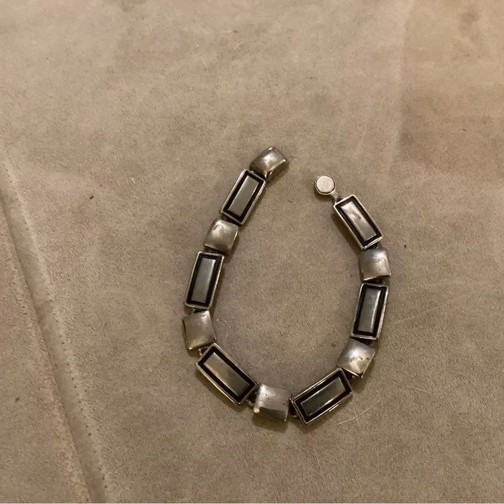 Silvertone  Rectangular Link Bracelet With  Black Inlay - Picture 2 of 4